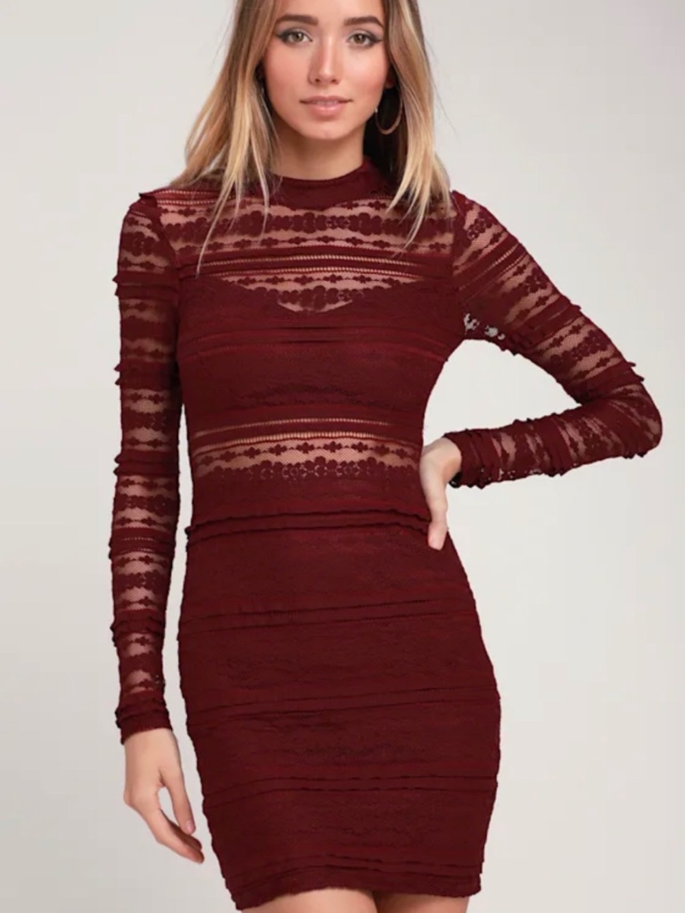 Reece Burgundy Lace Long Sleeve Bodycon Dress
